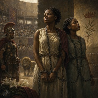 African martyrs Perpetua and Felicity bound in chains in a coliseum