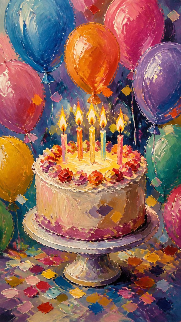 a birthday cake with lit candles surrounded by balloons and confetti, festive vertical composition, no text