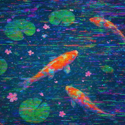 A koi pond seen from above, orange and white koi fish swimming among lily pads, clear water with subtle ripples, fallen cherry blossom petals floating on the surface, dappled sunlight