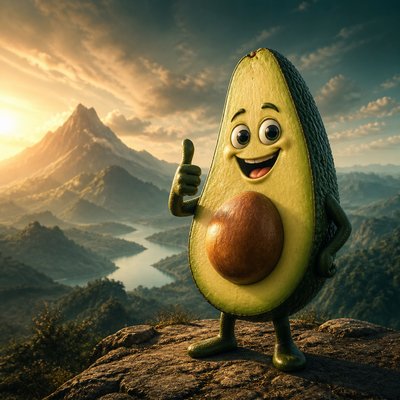 a happy avocado character giving a thumbs up, bold readable design on a plain background, no text