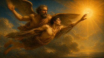 Icarus and his father flying too close to the sun
