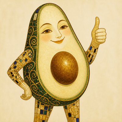 a happy avocado character giving a thumbs up, bold readable design on a plain background, no text