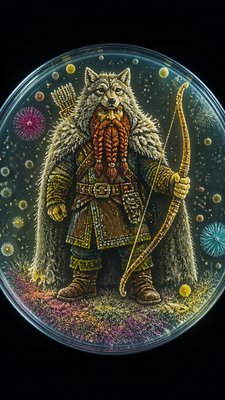 full-body original character: a dwarven ranger with a braided auburn beard, worn leather armor, a longbow and a wolf-pelt cloak, neutral background, no text
