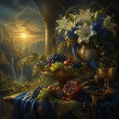 still life arrangement of fruits and flowers