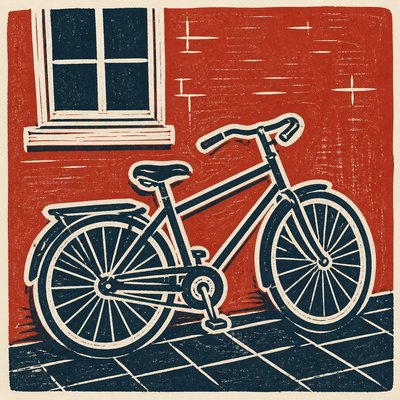 bicyle resting against a wall — Linocut Print Style