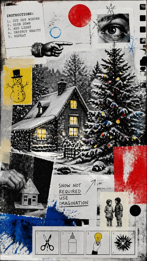 a snow-covered cottage with warm glowing windows beside a decorated pine tree, gentle snowfall, no text