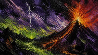 an erupting volcano with lightning strikes, dramatic wide composition, no text