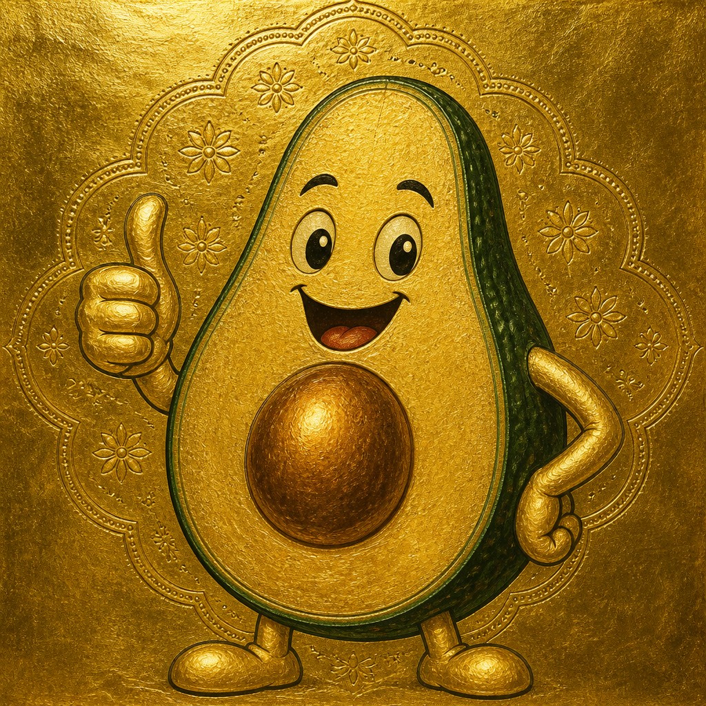 a happy avocado character giving a thumbs up, bold readable design on a plain background, no text