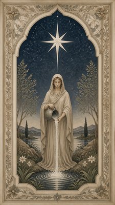 a robed figure pouring water beneath a large eight-pointed star in a night sky, symmetrical composition with an ornate decorative border, no text