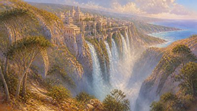 a cliffside city with waterfalls cascading into a misty canyon, wide establishing shot, no people, no text