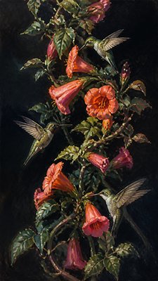 a climbing vine of flowers and hummingbirds on a dark background, tall wrapping composition, no text