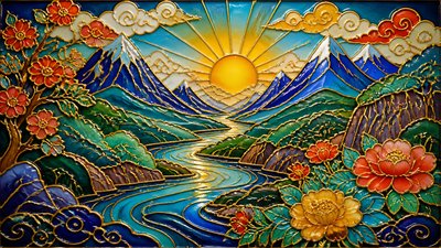 a vast valley with a river winding toward distant mountains at sunrise, no people, no text