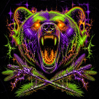 a roaring bear head above crossed pine branches, bold graphic composition on a plain background, no text