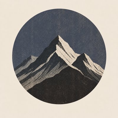 an emblem of a mountain peak inside a circle, simple bold shapes on a plain background, no text or lettering