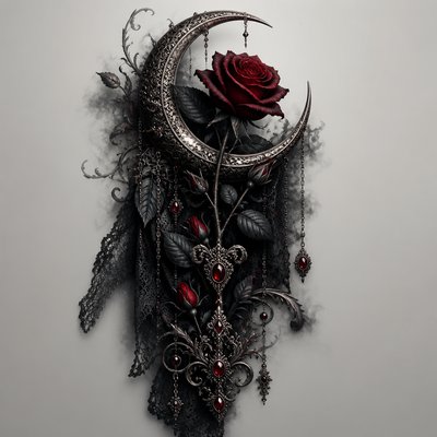 a rose entwined with a crescent moon, clean balanced composition on a plain background, no text