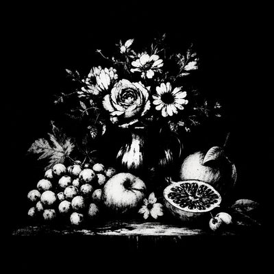 still life arrangement of fruits and flowers