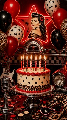 a birthday cake with lit candles surrounded by balloons and confetti, festive vertical composition, no text