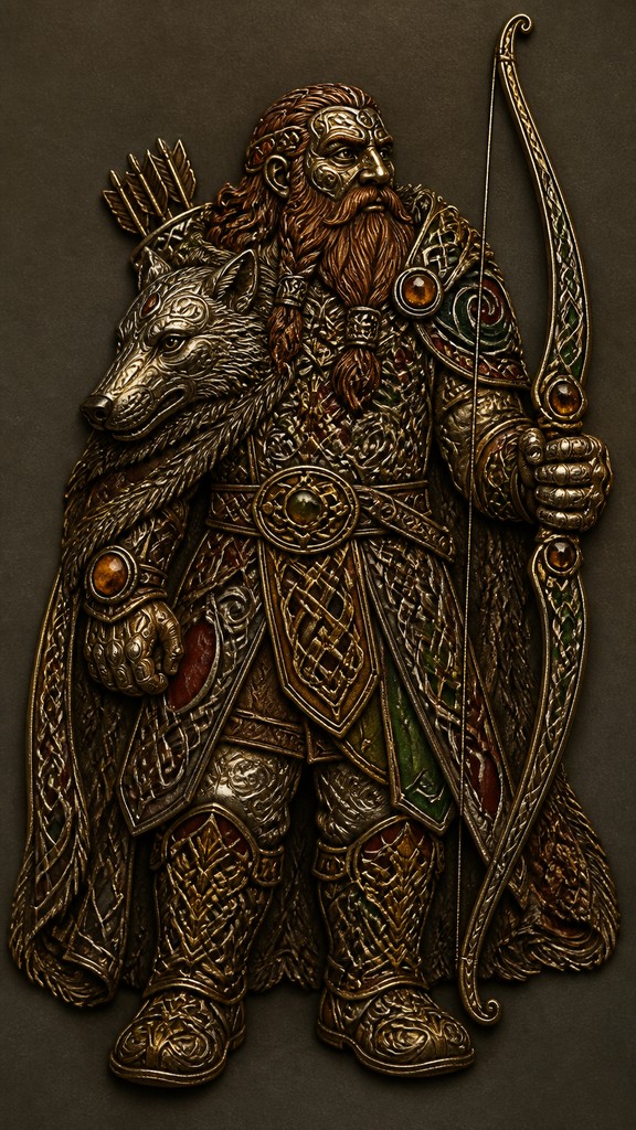full-body original character: a dwarven ranger with a braided auburn beard, worn leather armor, a longbow and a wolf-pelt cloak, neutral background, no text