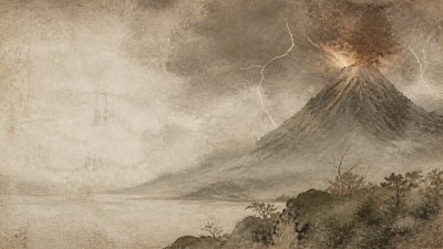 an erupting volcano with lightning strikes, dramatic wide composition, no text