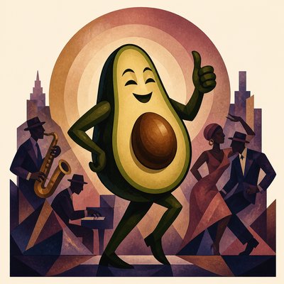 a happy avocado character giving a thumbs up, bold readable design on a plain background, no text