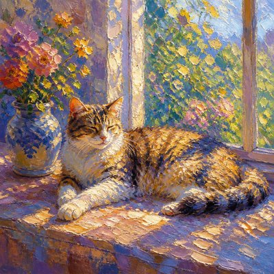 a cat lounging in a sunlit window