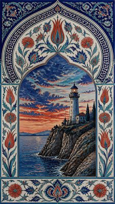 a lone lighthouse on a cliff at dusk under a dramatic sky, no text or lettering