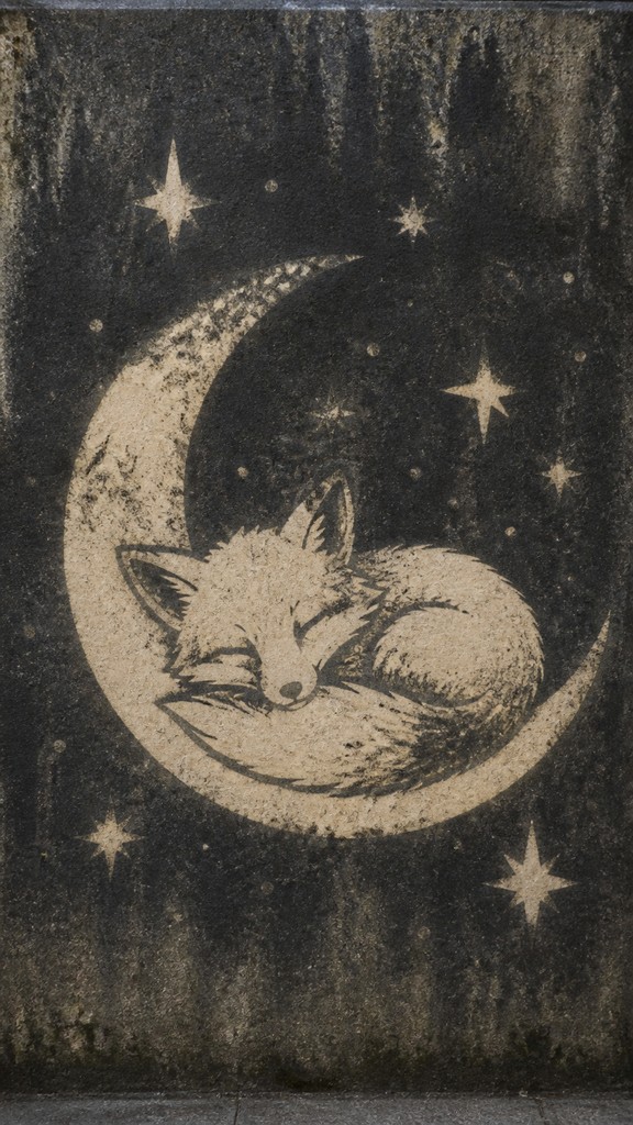 a sleeping baby fox curled on a crescent moon among soft stars, gentle and warm, no text