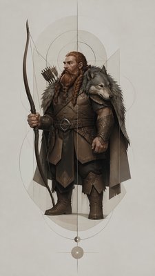 full-body original character: a dwarven ranger with a braided auburn beard, worn leather armor, a longbow and a wolf-pelt cloak, neutral background, no text