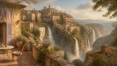 a cliffside city with waterfalls cascading into a misty canyon, wide establishing shot, no people, no text