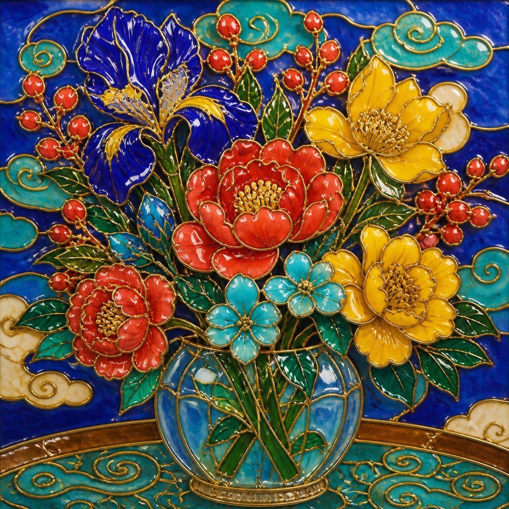 bouquet of flowers in a glass vase — Enamel Cloisonné Jewelry Design