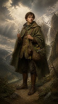 full-body original character: a wandering botanist with a satchel of plants, a patched green cloak, tall boots and round glasses, neutral background