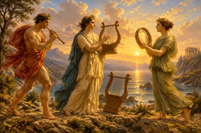 a painting of three men playing musical instruments