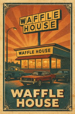 "Create a nostalgic and inviting image of a Waffle House restaurant from the 1960s or early 1970s. The focus should be on its distinct mid-century roadside architecture with a prominent, brightly lit "Waffle House" sign featuring its classic yellow and black logo. Show a few vintage cars from the era (e.g., a Ford Mustang, Chevrolet Chevelle, or a classic pickup truck) parked outside. The scene should be set at either dawn or dusk, with warm, inviting light spilling from the restaurant's windows, suggesting a cozy haven for weary travelers. Include subtle details like a classic street lamp or a glimpse of a highway in the background to emphasize its roadside location. The overall aesthetic should evoke a sense of Americana, comfort, and the timeless appeal of a familiar stop on a long journey."