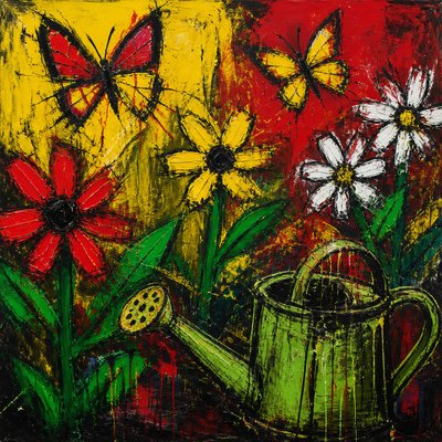a garden scene with butterflies, flowers and a watering can, clean uncolored line art, no text