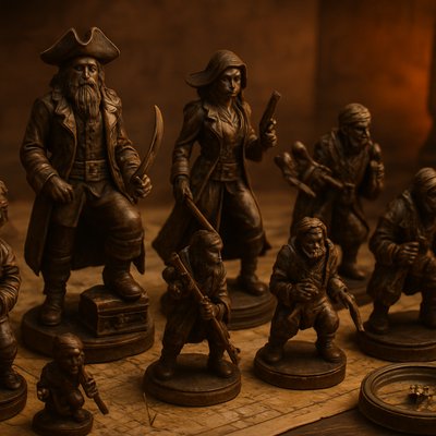 Macro Product Photography, Museum Archival Style, Warm Lantern Light. A detailed photograph of a complete, hand-carved set of unique pirate-themed chess pieces arranged loosely on a weathered wooden captain's desk alongside old charts and a compass. The pieces are crafted from a mix of dark aged oak, tarnished cast brass, and accents of stolen gold and rough rubies.

The Ranks:

    The King (Captain): The tallest piece, an imposing Pirate Captain figure with a grand tricorn hat, a long beard, a detailed cutlass, and one boot resting on a miniature treasure chest.

    The Queen (Quartermaster/Pirate Lord): A fierce, elegant female figure with dual flintlock pistols, a flowing coat, and a stern, commanding expression.

    The Bishops (Navigators/Voodoo Priests): Hunched figures holding sextants and mystical skull staffs, adorned with beads and feathers.

    The Knights (Boarding Party): Dynamic pieces showing a pirate mid-swing on a rope, holding a grappling hook and a boarding axe.

    The Rooks (The Ship/Fort): Heavy, fortified pieces shaped like the barnacle-covered stern castle of a galleon, bristling with tiny cannons.

    The Pawns (The Crew): A group of smaller, identical scruffy deckhands holding mops, buckets, and simple daggers.

The focus is sharp on the intricate textures of the wood grain and metalwork.