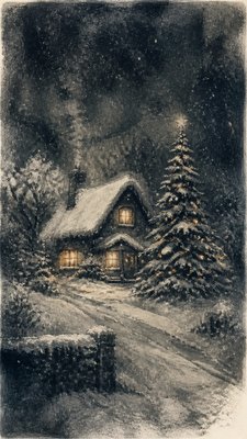 a snow-covered cottage with warm glowing windows beside a decorated pine tree, gentle snowfall, no text