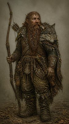 full-body original character: a dwarven ranger with a braided auburn beard, worn leather armor, a longbow and a wolf-pelt cloak, neutral background, no text
