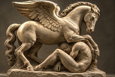 a statue of a winged horse and a kneeling man