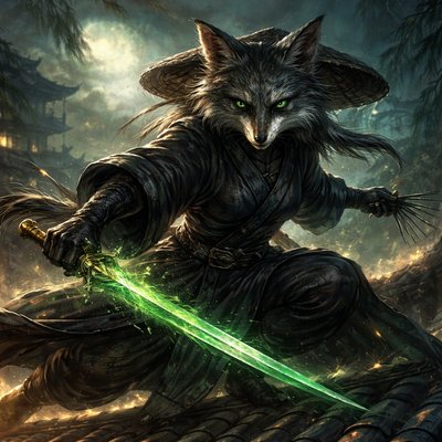 Cinematic Wuxia Art Style, Fantasy Digital Art Style, Dark Fantasy, a dynamic anthropomorphic character portrait of the villain Jade Fox from Crouching Tiger, Hidden Dragon. She is rendered as a mature, grizzled fox with fur that is a mix of deep grey and a subtle, bitter jade-green tint. Her eyes are intensely human—sharp, vengeful, and cunning. She is dressed in dark, practical Qing Dynasty assassin's robes (similar to the male disguise she wears in the film), perhaps with a wide straw hat slung across her back. She is crouched low in a masterful martial arts stance on the curved, moonlit tiled roof of an ancient Chinese building. In one clawed paw, she wields the stolen, green-glowing Green Destiny sword, while the other paw is poised, ready to throw her signature poisoned needles. The background is a misty, sprawling city at night with bamboo silhouettes. The atmosphere is tense, dangerous, and steeped in ancient secrets.