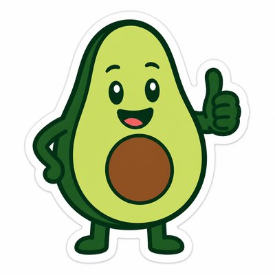 a happy avocado character giving a thumbs up, bold readable design on a plain background, no text