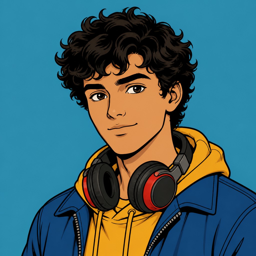 head-and-shoulders portrait of an original character: a young man with curly dark hair and headphones around his neck, plain backdrop, no text