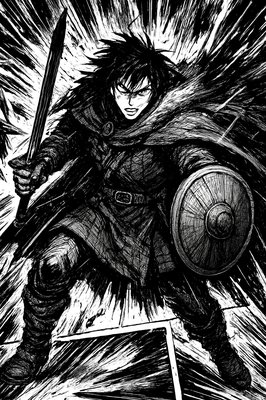 a black and white drawing of a man holding a sword