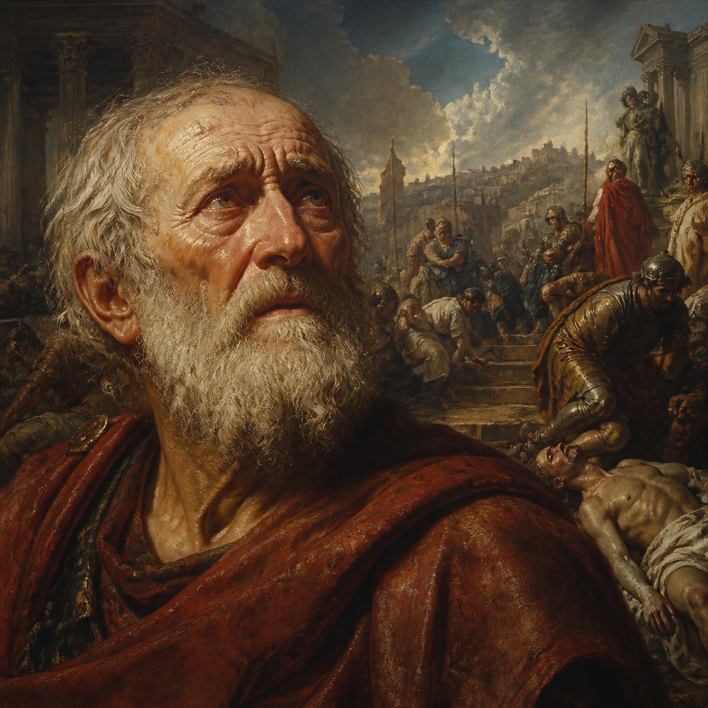 close-up portrait of an elderly person with expressive weathered features — History Painting Art Style