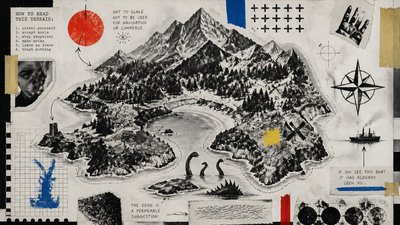 a map of an island realm with mountains, forests, a sheltered bay, sea monsters in the water and a compass rose, no text labels