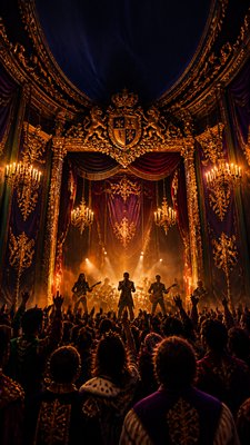 a live music scene with a glowing stage and silhouetted crowd, energetic vertical composition with open space at the top, no text