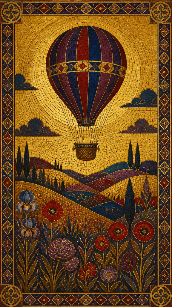 a hot air balloon drifting over rolling flower fields on a sunny day, cheerful, no text