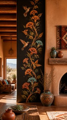a climbing vine of flowers and hummingbirds on a dark background, tall wrapping composition, no text