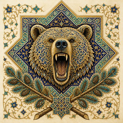 a roaring bear head above crossed pine branches, bold graphic composition on a plain background, no text