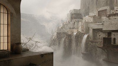 a cliffside city with waterfalls cascading into a misty canyon, wide establishing shot, no people, no text