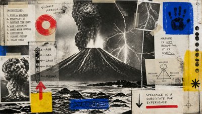 an erupting volcano with lightning strikes, dramatic wide composition, no text